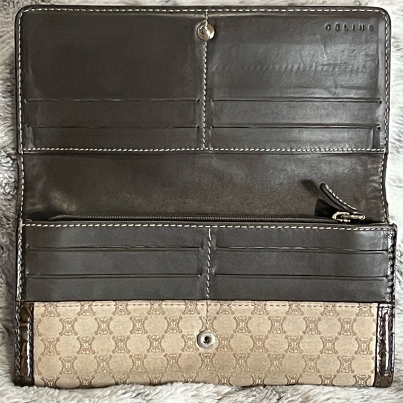 Celine Beige Macadam Canvas w/ Croc Embossed Leather French long Wallet-rare - Picture 12 of 16